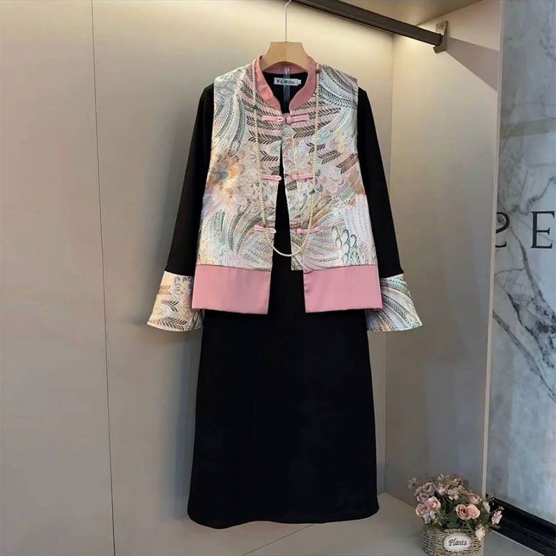 气质提花盘扣拼接袖口连衣裙马甲两件套裙胖妹妹冬季新款大码女装,女装/女士精品,大码套装,淘宝优惠券,粉丝福利购,淘宝优惠卷