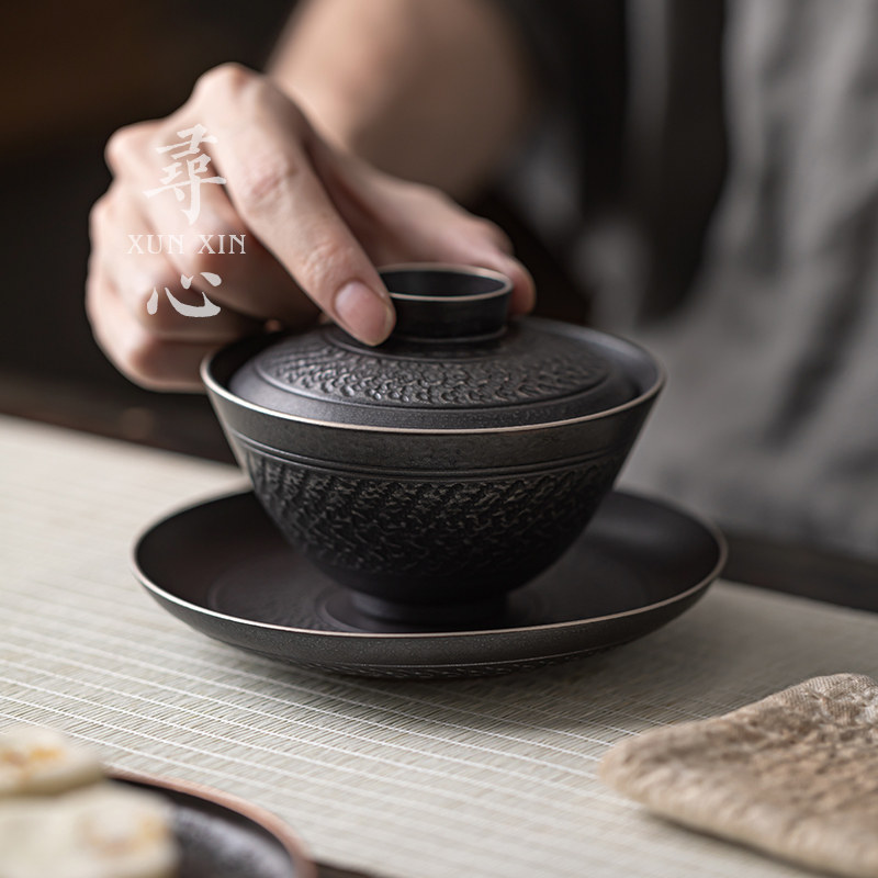 粗陶手工跳刀大号三才盖碗茶杯不烫手陶瓷单个手抓泡茶碗功夫茶具