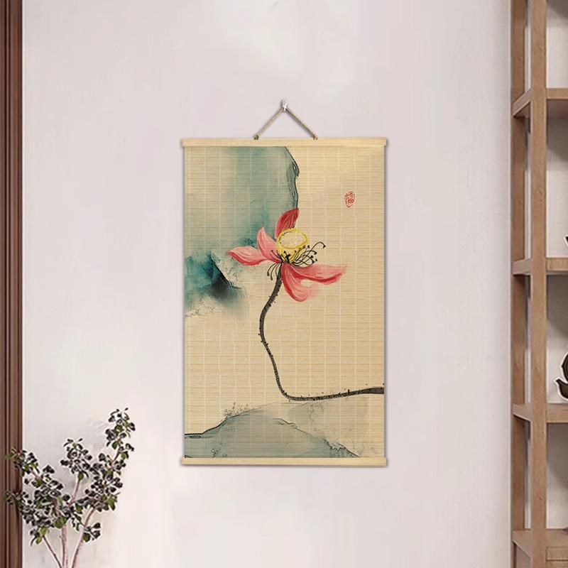 竹帘装饰画新中式莲花客厅玄关画茶室禅意竖版挂画竹艺画荷花定制图片