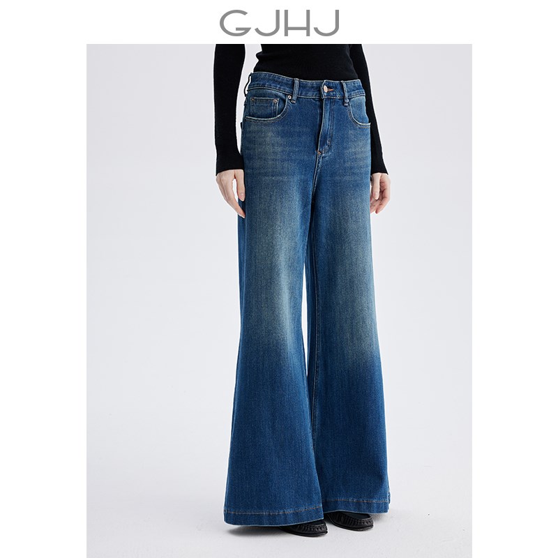 GJHJ 显瘦复古高腰阔腿喇叭弹力牛仔裤女冬季裤子