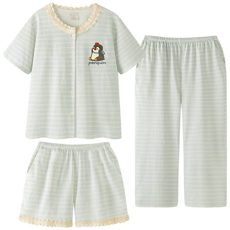 睡衣女款夏凉感纯棉短袖短裤长裤三件套新款条纹企鹅家居服套装