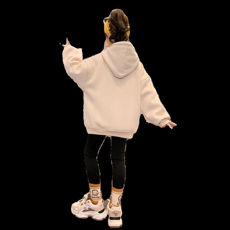 女童加绒卫衣春装2024新款洋气童装秋冬连帽儿童上衣女大童春秋款