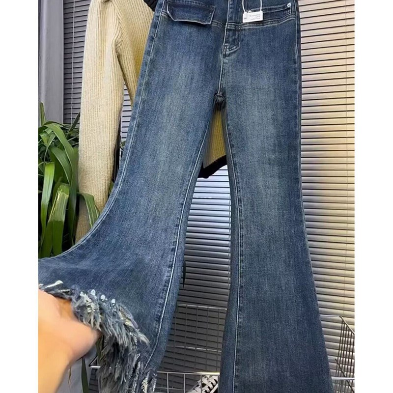 胖mm高腰流苏弹力毛边牛仔裤子大码女装微喇叭裤子显瘦阔腿拖地裤