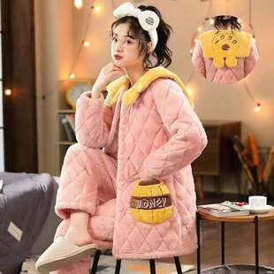 女款珊瑚绒夹棉女套装法兰绒三层加厚加绒单件棉上衣保暖睡衣家居