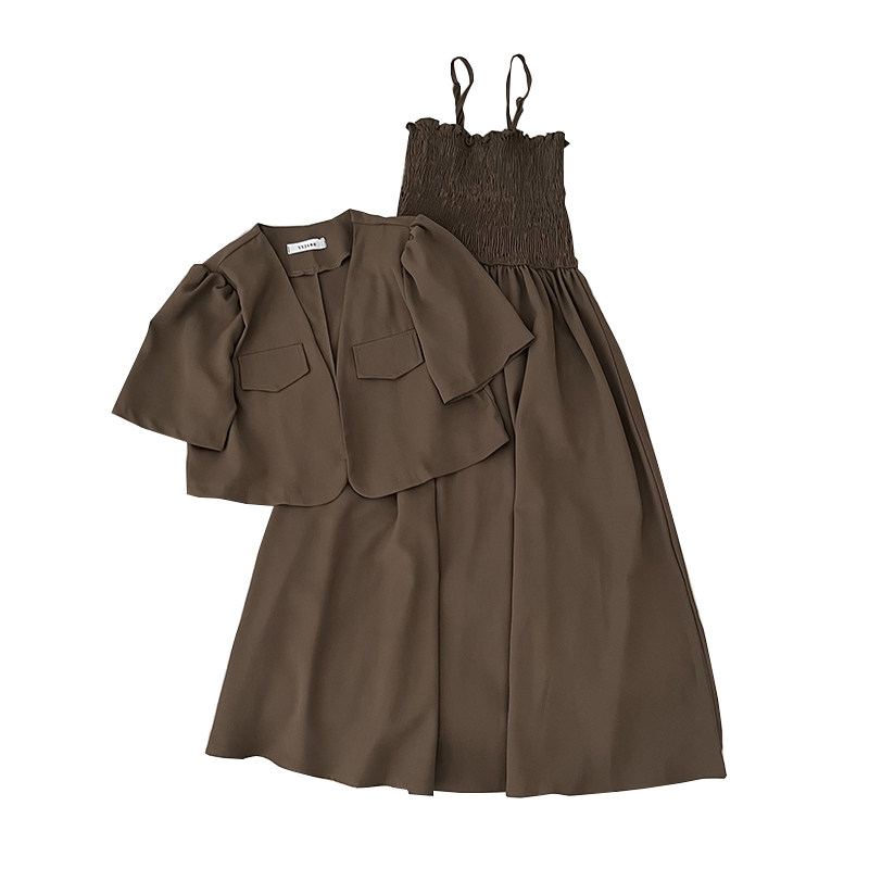 褶皱高腰显瘦中长款吊带连衣裙+西装短款外套开衫两件套女夏季,女装/女士精品,时尚套装,淘宝优惠券,粉丝福利购,淘宝优惠卷