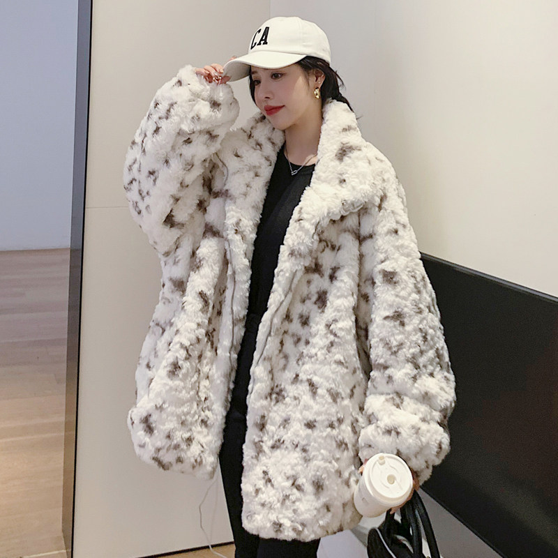 秋冬獭兔毛皮草立领毛毛外套女2022中长款宽松羊羔毛豹纹毛绒大衣