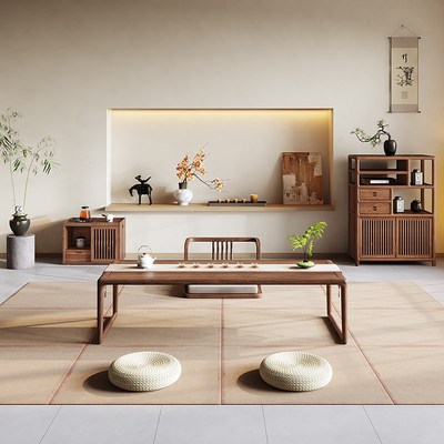 黑胡桃木日式榻榻米茶桌小矮桌禅意茶几新中式阳台实木茶桌椅组合