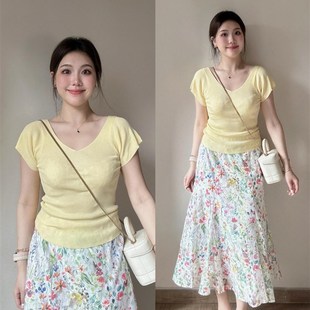 微胖MM莫奈油画碎花半身裙女夏季法式绝美气质温柔风穿搭一整套装