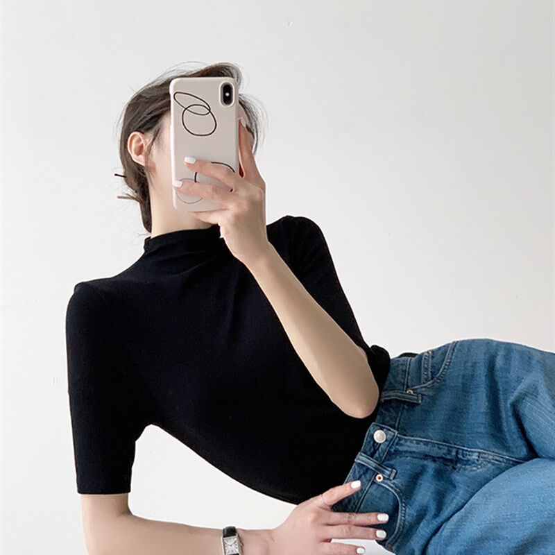 黑色短袖半高领针织衫女高弹2024新款设计感内搭打底秋季薄款上衣