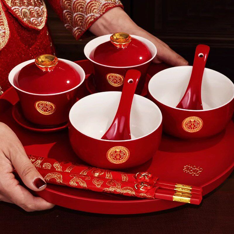 敬茶杯结婚用品改口敬酒茶杯套装喜碗喜筷婚礼红色碗筷一对碗喜事