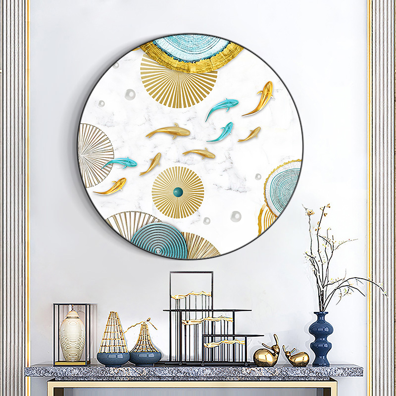 五福临门玄关装饰画圆形入户走廊挂画新中式客厅餐厅寓意好墙壁画