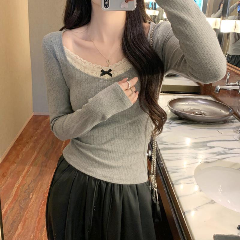 正品高货蕾丝长袖t恤女内搭2025春季新款高级感修身打底小衫外穿