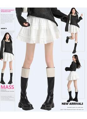 正品高货MASS 白色花边丝绒半身裙女2025春季新款小个子高腰a字防