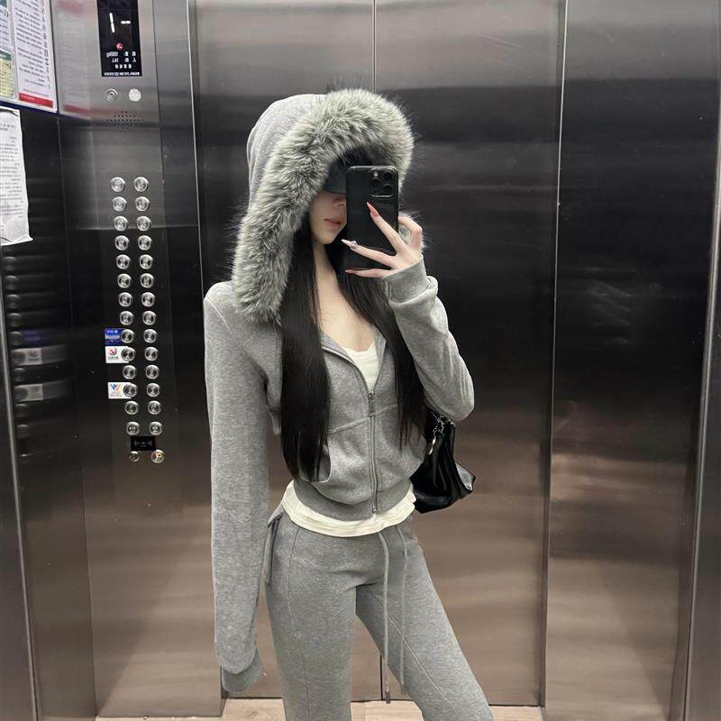 正品高货韩系覆古灰色毛领