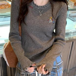 t恤针织衫 正品 高货木耳边内搭灰色打底毛衣女早秋高级感穿搭长袖
