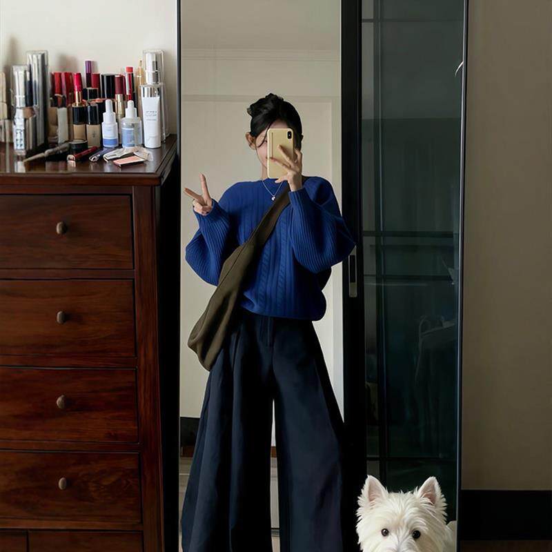 正品高货巨好看的秋装一整套大码胖mm克莱因蓝麻花毛衣休闲阔腿裤