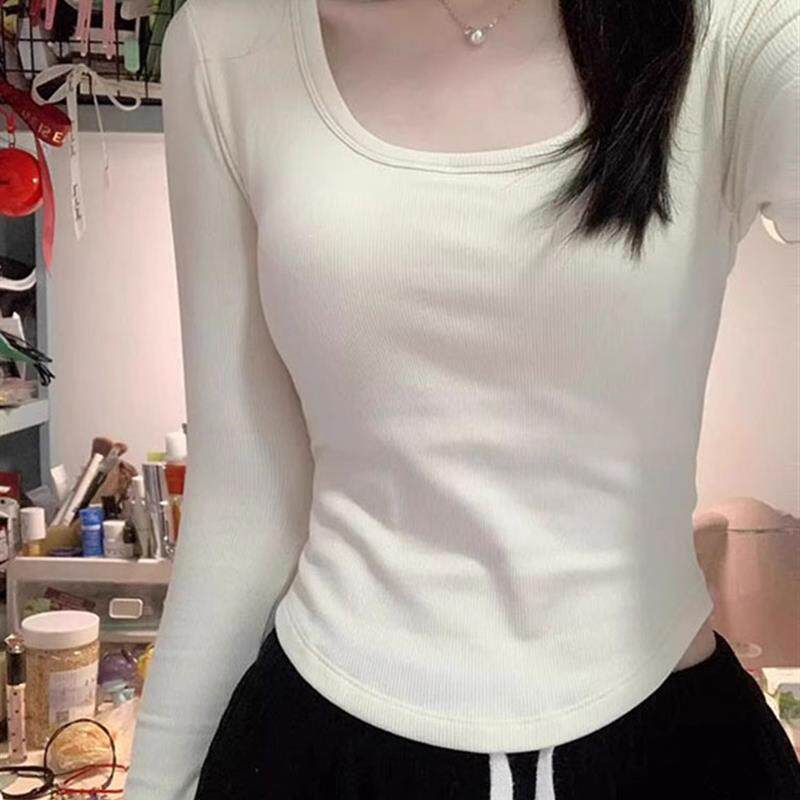 高货小众白色U领长袖t恤女2025秋季新款小个子修身短款保暖磨毛打