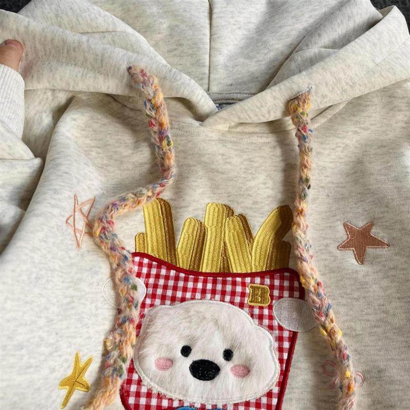 正品高货可爱刺绣薯条小狗耳朵连帽卫衣女秋冬宽松韩系慵懒风chic