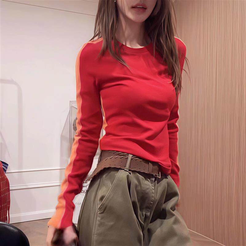 正品高货拼接撞色长袖面膜T恤女2025秋冬新款设计感明线拼色打底