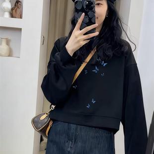 新款 小个子卫衣女显瘦秋冬季 圆领内搭 高货高级感黑色纯棉短款 正品