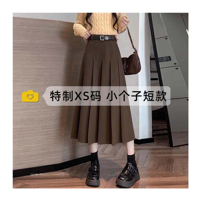 正品高货150小个子咖色毛呢半身裙女春夏季新款西装百褶裙高腰a字