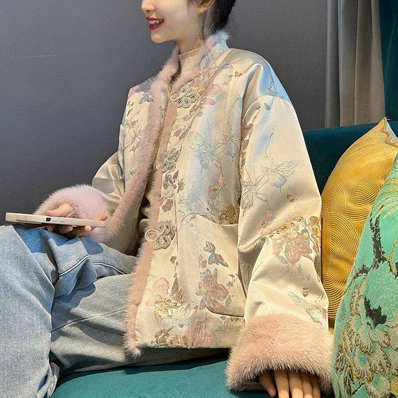 速发高货202面5新款新中式风缎刺绣棉袄外套女秋冬季棉服服唐装国