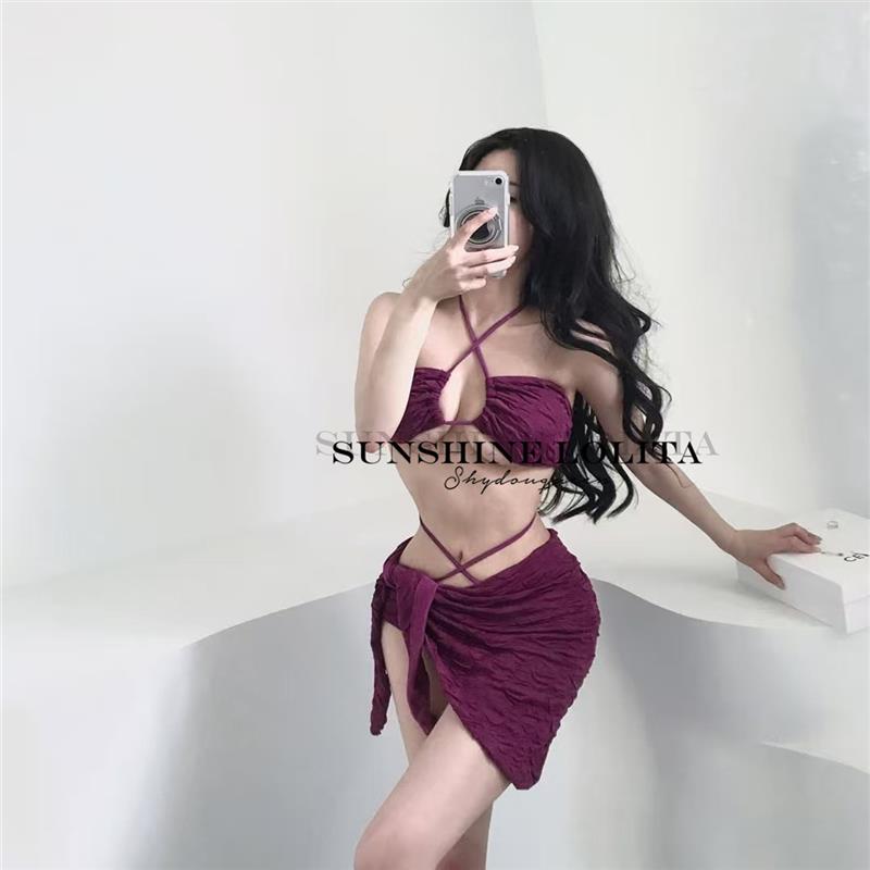 正品高货紫色比基尼泳衣女2025新款爆款海边度假性感纯欲风小胸聚