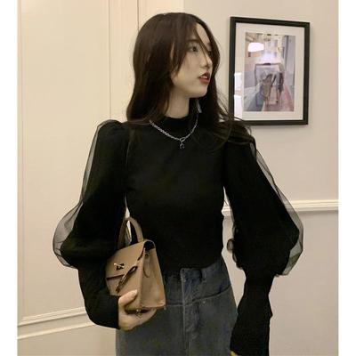 正品高货黑色半高领打底衫女春秋款修身内搭长袖灯笼泡泡袖高级感