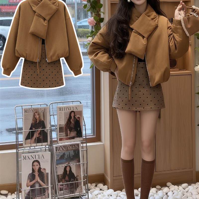 正品高货巨好看的秋冬韩系OOTD一整套深冬穿搭棕色棉服外套裙子两