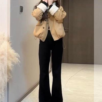 正品高货2025冬装搭配一整套小个子高级感羊羔毛翻领厚款外套阔腿