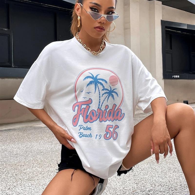 高货度假休闲T恤女欧美现货椰子树印花短袖宽松大码时尚日常休闲