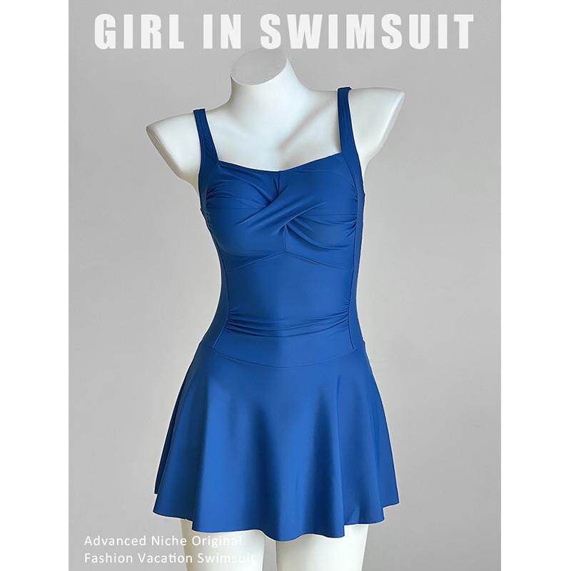 高货克莱因蓝连体泳衣女显白简约风显瘦遮肉保守平角裤裙式小胸游