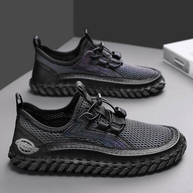 高货小众纯黑色鞋子男款夏季透气网面板鞋男士休闲运动一脚蹬大码