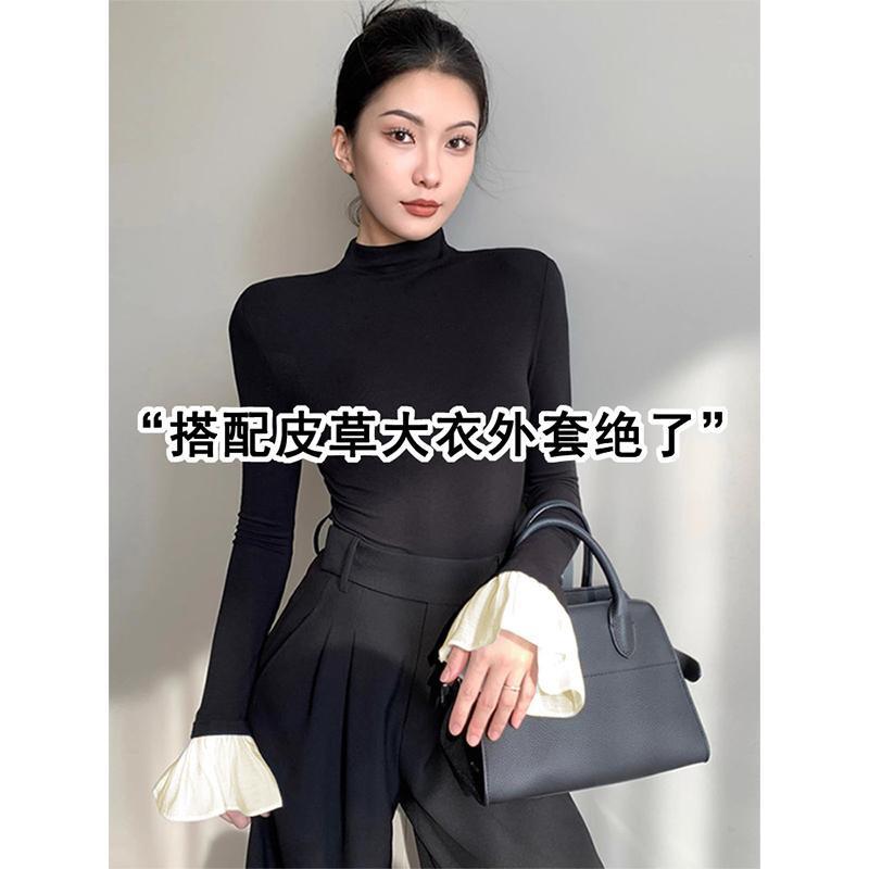正品高货半高领喇叭袖打底衫女深秋初冬穿搭小香风内搭配大衣长袖