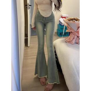 紧身弹力复古做旧拖 秋秋新款 高货辣妹高腰牛仔裤 女鱼尾大喇叭长裤