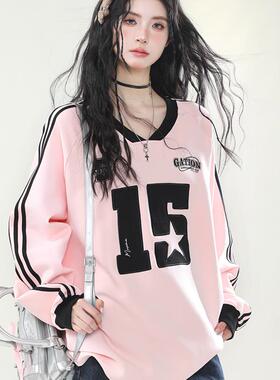 正品高货AONW美式复古运动风V领织带卫衣女街头宽松慵懒感长袖T恤