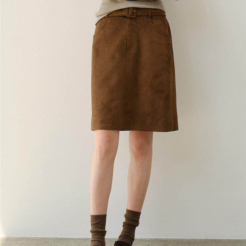 正品高货素典覆古彷麂皮半身裙女2025秋冬新款小个子高腰显瘦a字
