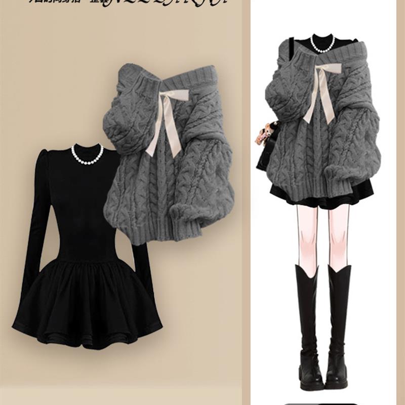 正品高货小香风富家千金miu系穿搭针织连衣裙秋冬女2025新款黑色