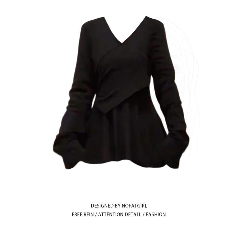 正品高货大码胖MM设计感黑色V领长袖T恤女春秋新款收腰显瘦休闲百