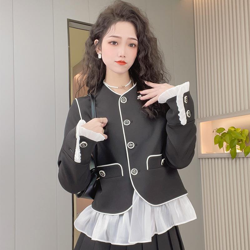 高货小众小香风早春气质圆领高级感西装外套2023新款小个子短款荷