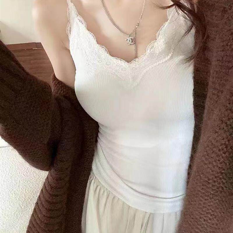 高货小众莫代尔带胸垫吊带背心女春夏季大码外穿修身内搭性感蕾丝