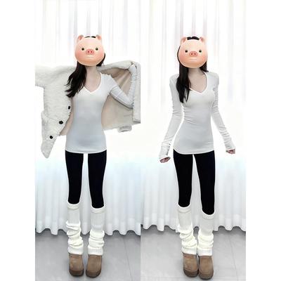 正品高货白色中长款打底衫遮屁股上衣女2025新款V领修身遮胯内搭