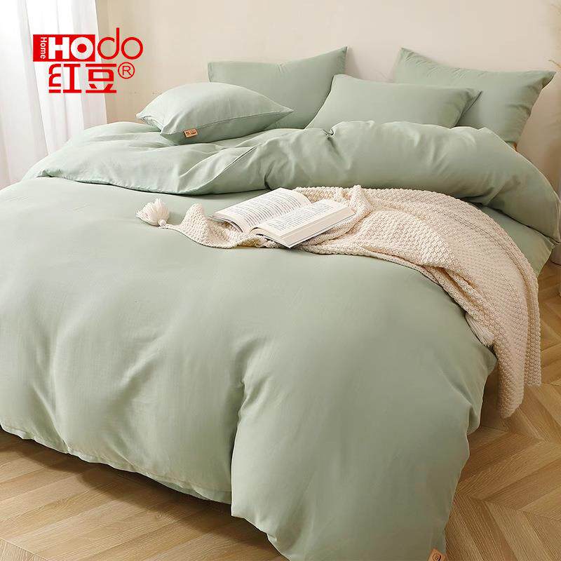 A类全棉双层纱床上四件套纯棉纯色被套床单人三件套宿舍床品4