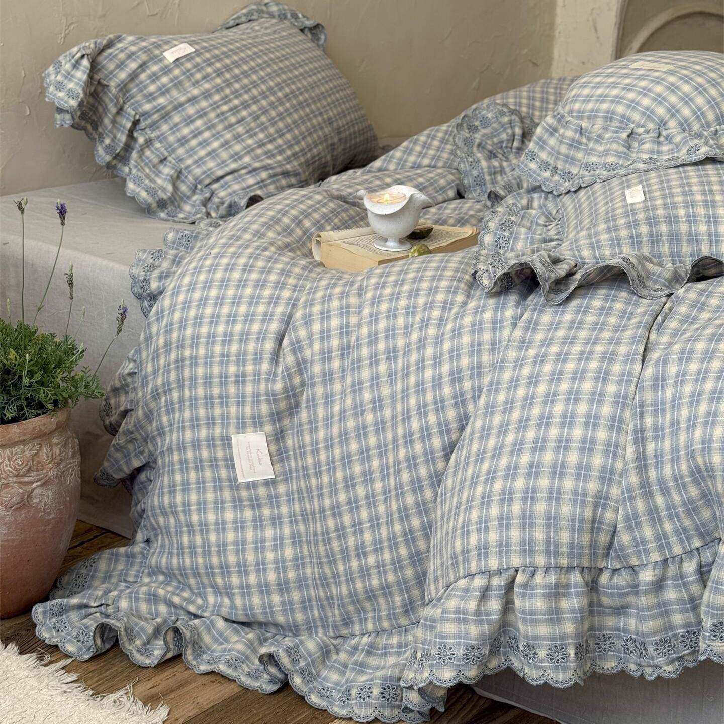 海盐汽水|法式纯棉双层纱皱皱纱四件套 公主风花边全棉被套床单款