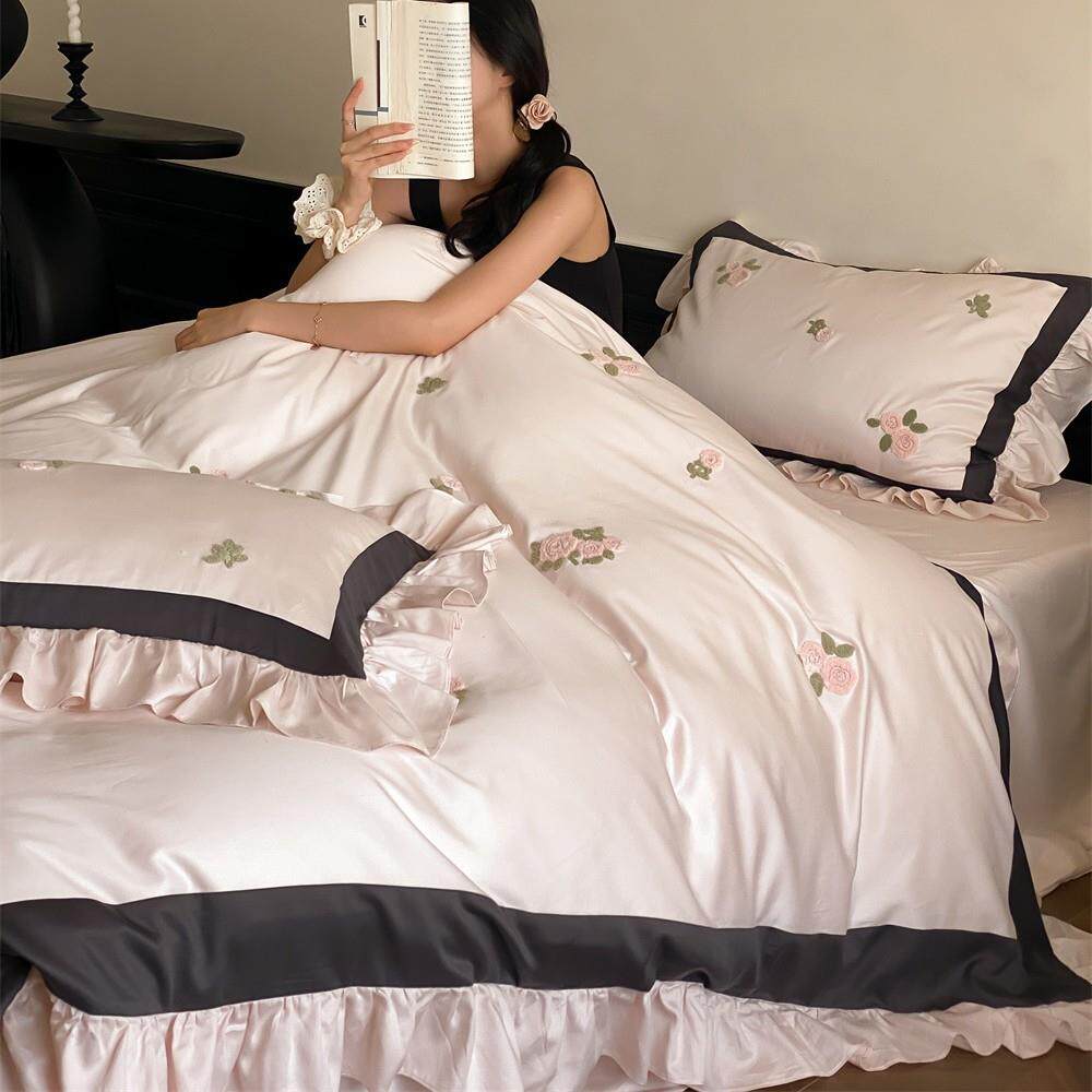 纯棉陶瓷磨毛四件套少女心花卉毛巾绣加厚法式花边被套床品