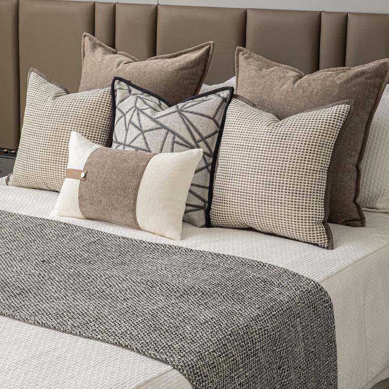 新中式卧室软装床品套件米咖色棉麻搭毯床尾巾床头靠枕民宿样板房