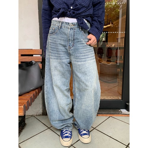 MeeLoo美式风复古弯刀水波纹牛仔裤男水洗阔腿裤宽松直筒做旧长裤