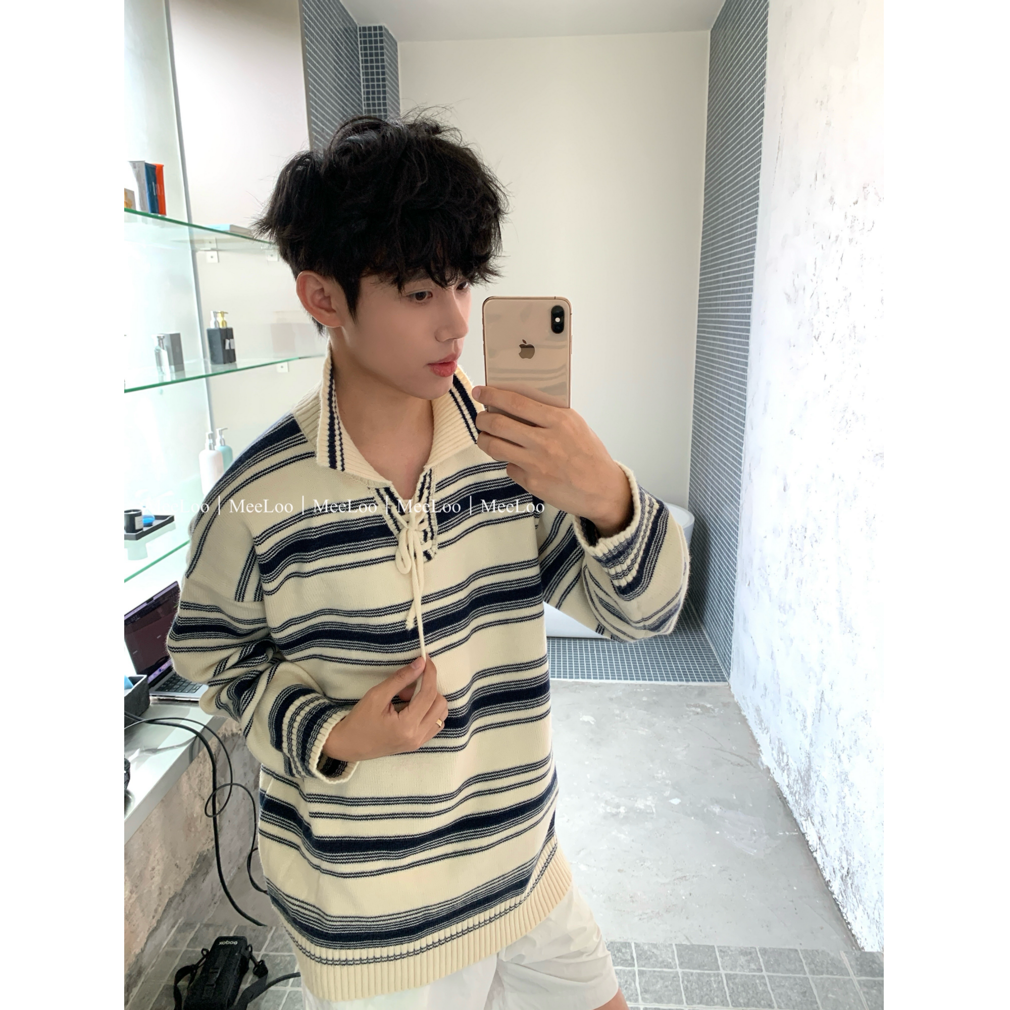 MeeLoo复古V领绑带针织衫男女蓝白条纹宽松休闲慵懒感衬衫领毛衣