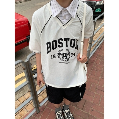 夏季新款复古假两件男宽松短袖T