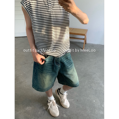 经典牛仔短裤男水洗蓝五分直筒裤